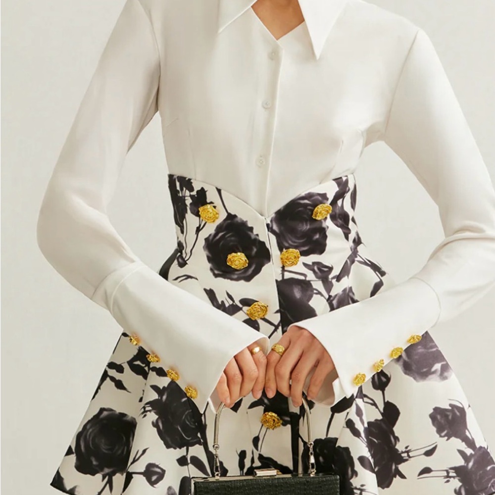 Commense Black and Gold Floral A-Line Skirt